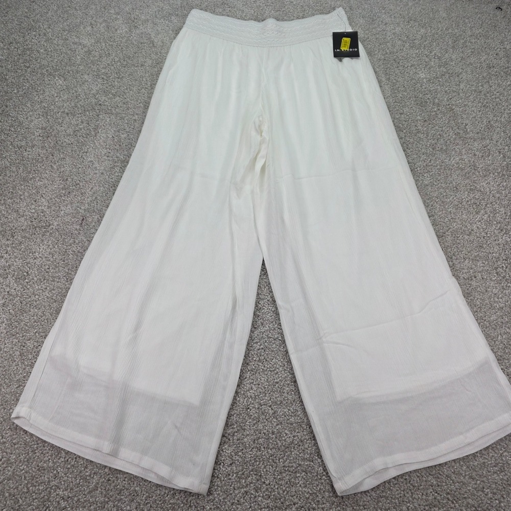 I.N. Studio Petite White Wide Leg Smocked Waist Textured Pants PL New
